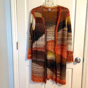 Chicos open front long sweater, Size 0 Petite, shades of orange, brown, cream